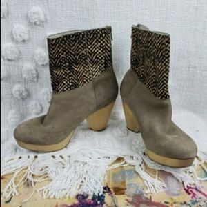 80%20 Taupe Leather Wooden Midsole Boots Calf Hair